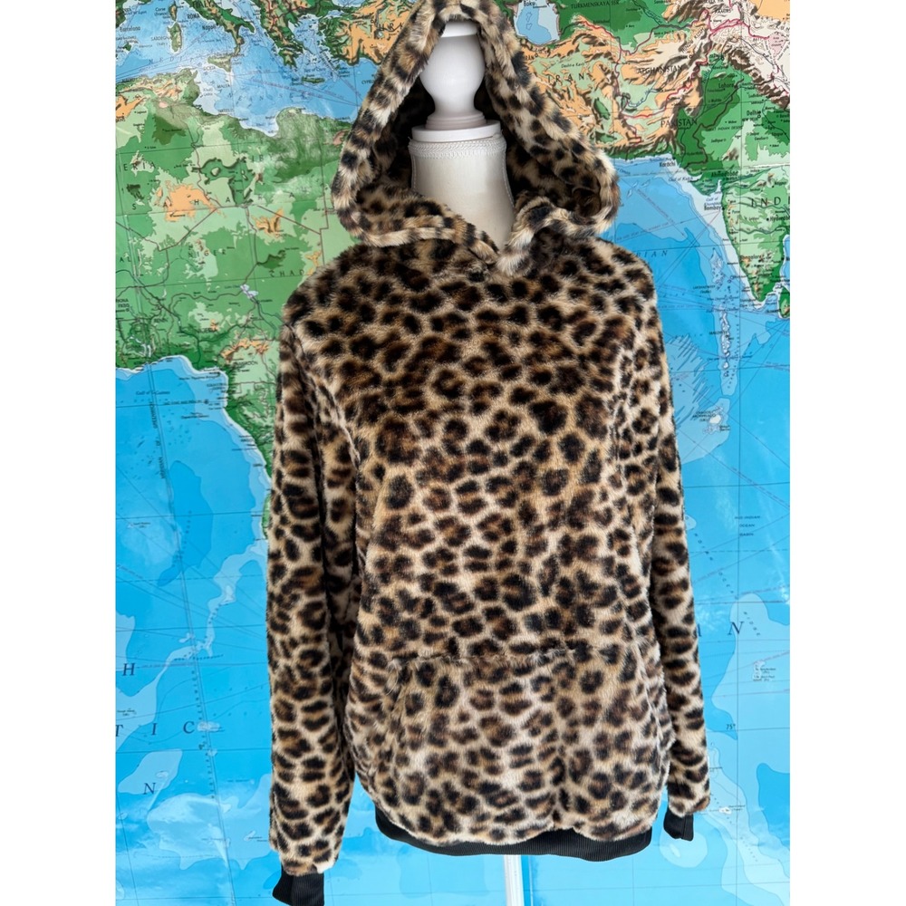 Harper & Ivy Leopard Print Faux Fur Hoodie Brown Black SMALL Pullover Hooded